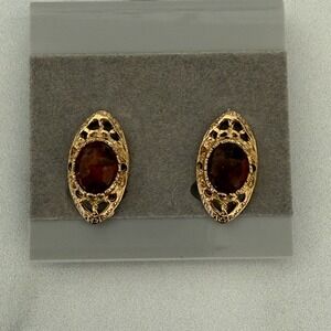 Vintage LS Clip On Earrings Cabochon Amber Faux Gemstones Lace Gold Tone